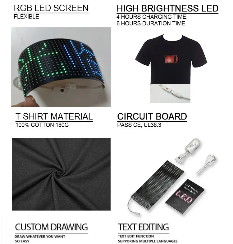 App Control Bluetooth Programmable Led T-shirt Dj LED Tshirt Built-in Battery Scrolling Text Animation Message Matrix Display