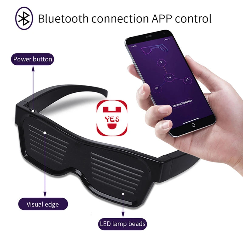 App Control Bluetooth Led Party Glasses Customized Languages USB Charge Flashing  Luminous Eyewear Christmas Concert Sunglasses