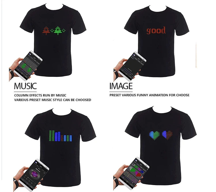 App Control Bluetooth Programmable Led T-shirt Dj LED Tshirt Built-in Battery Scrolling Text Animation Message Matrix Display