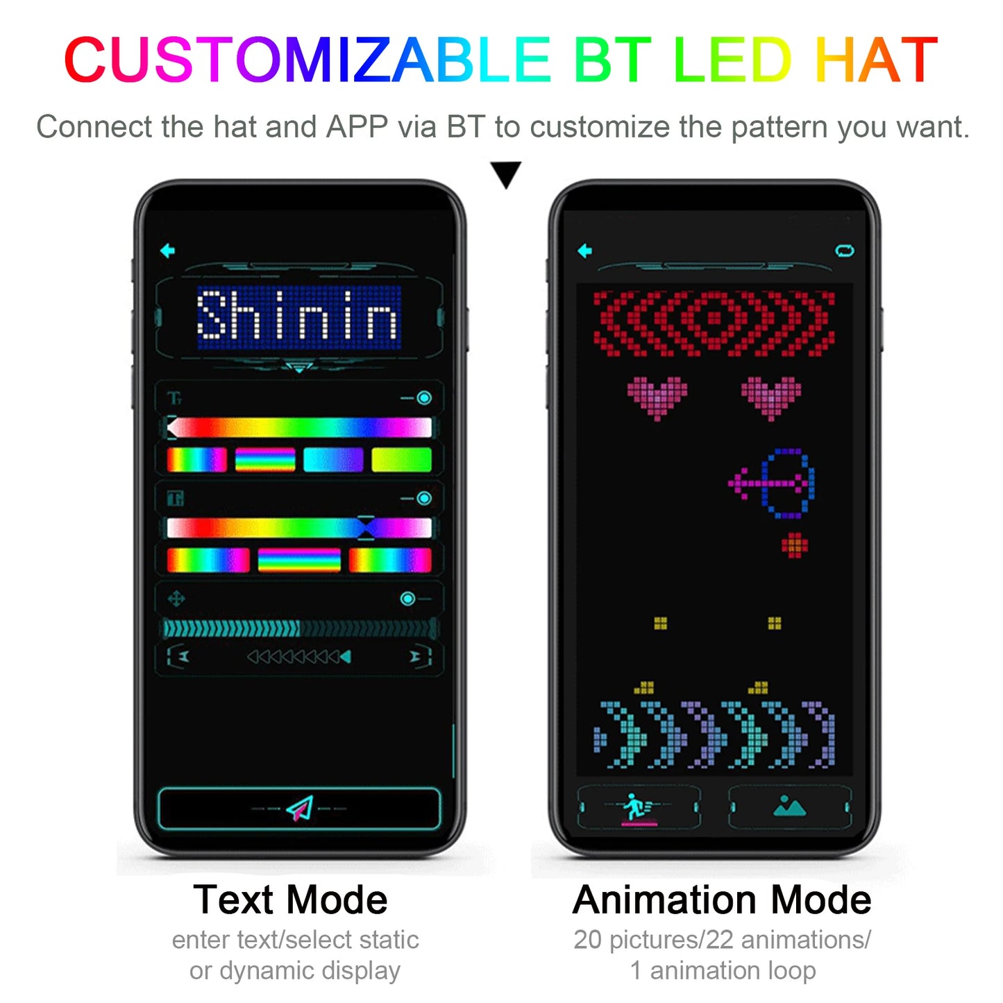 LED Hat LED Display Message Caps LED Light up Customizable BT Hat DIY Messages 22 Animations 20 Pictures Cap for Halloween Party